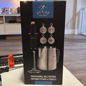 Professional milk frother, frothing, pitcher and stencils